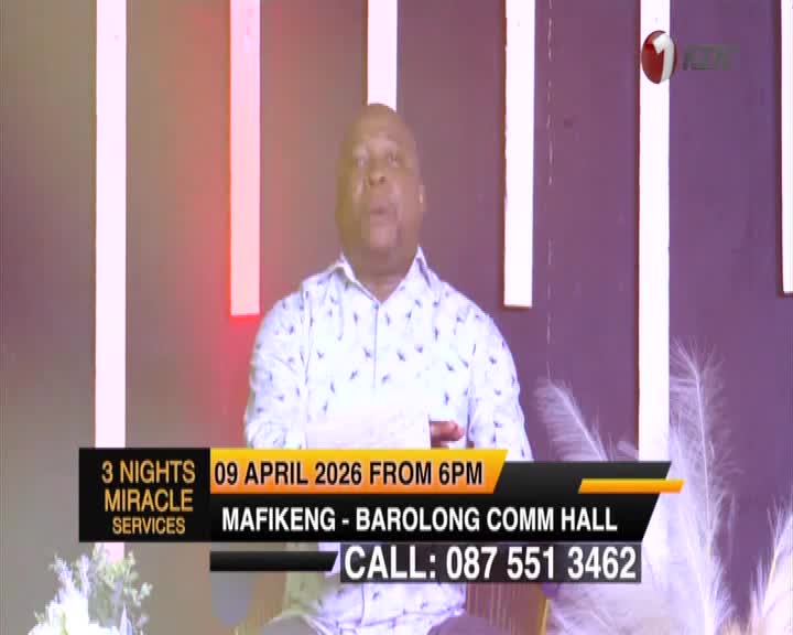 A man in a patterned shirt speaks directly to the camera, with text overlaying the scene announcing "3 Nights Miracle Services" in Mafikeng. The 1KZN TV logo appears in the upper right corner.