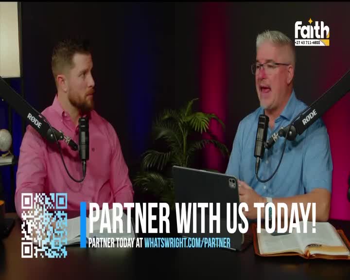 Two men are speaking into microphones, one in a pink shirt, the other in a blue one, with a Faith TV logo visible. A large QR code and the words "PARTNER WITH US TODAY!" flash across the screen.
