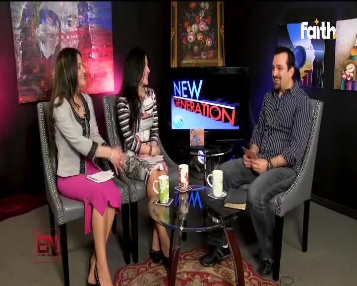 Two women and a man sit in chairs, engaged in conversation. A television screen behind them displays the "New Generation" logo, and the Faith TV branding is visible.