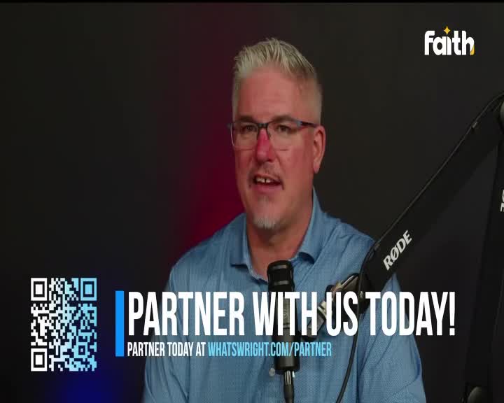 A man with glasses and graying hair speaks into a microphone, his blue shirt visible. The Faith TV logo appears in the upper right corner, and a QR code and the words "PARTNER WITH US TODAY!" are displayed prominently on the left.