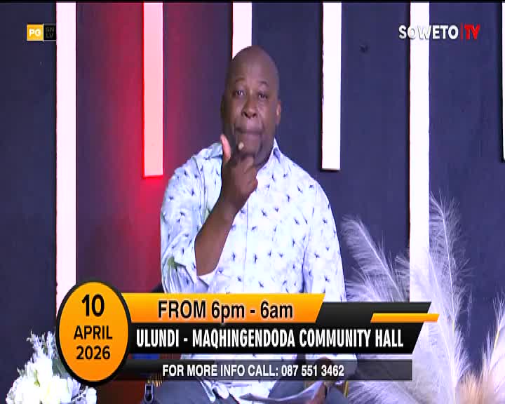 A man in a patterned shirt gestures with his hand to his chin. A Soweto TV graphic overlays the scene, announcing an event on April 10, 2026, at Ulundi - Maqhingendoda Community Hall.