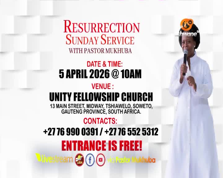 Pastor Mukhuba stands at the podium, microphone in hand, addressing the congregation. Her white robe flows around her as she speaks, a bright orange logo perched on her head. Pastor Mukhuba stands at the podium, microphone in hand, addressing the congregation. Her white robe flows around her as she speaks, a bright orange logo perched on her head.