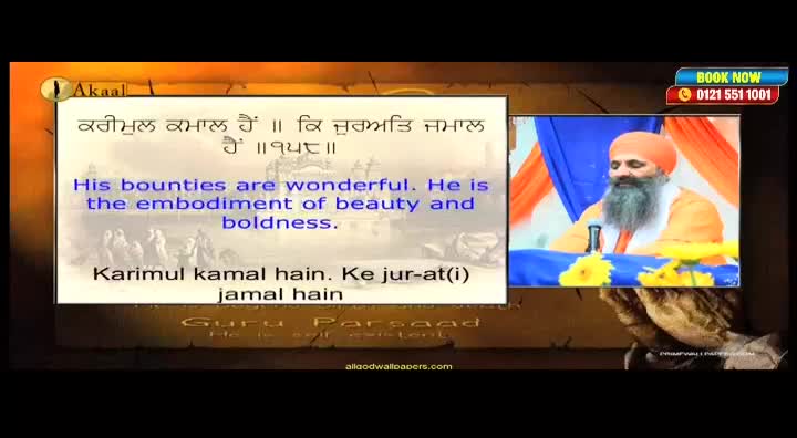 A man in an orange turban and beard speaks from a stage, his image framed on the Akaal Channel. Text in both Punjabi and English explains the speaker's words.
