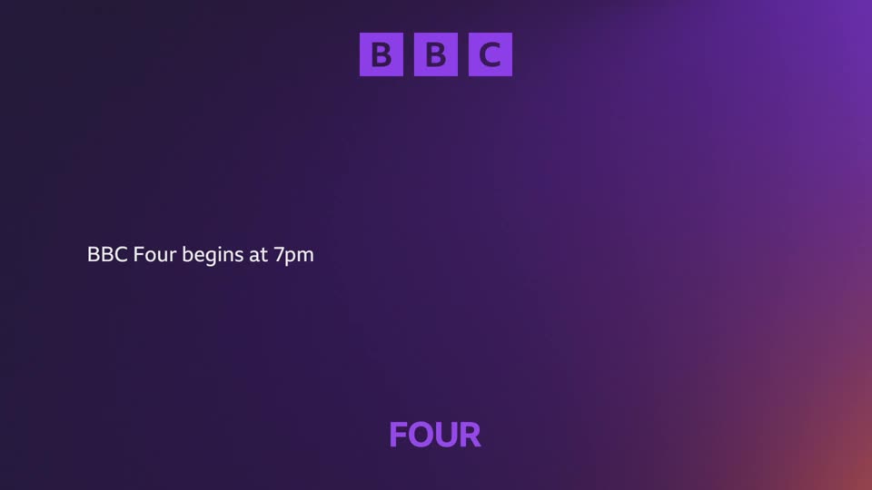 The BBC logo, three purple squares with white letters, sits at the top of the screen. Below, white text declares "BBC Four begins at 7pm."