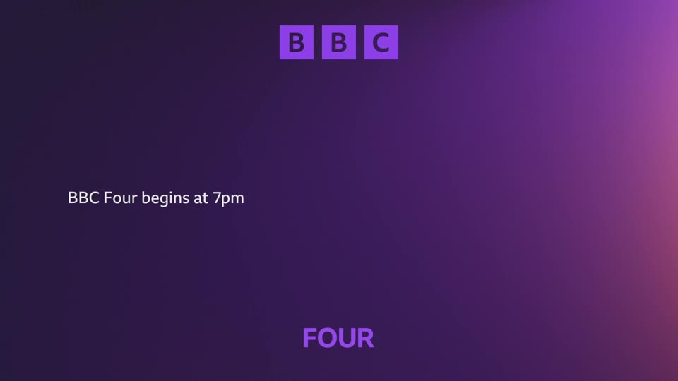 The BBC logo appears in purple squares at the top.  Text on the screen announces, "BBC Four begins at 7pm."