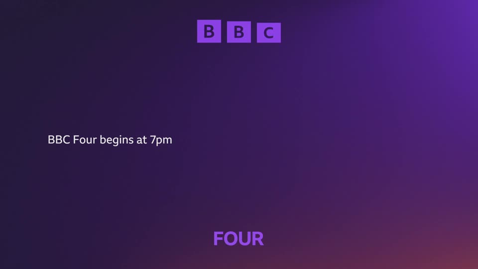 The BBC logo appears in purple squares at the top. Text on the left announces "BBC Four begins at 7pm."