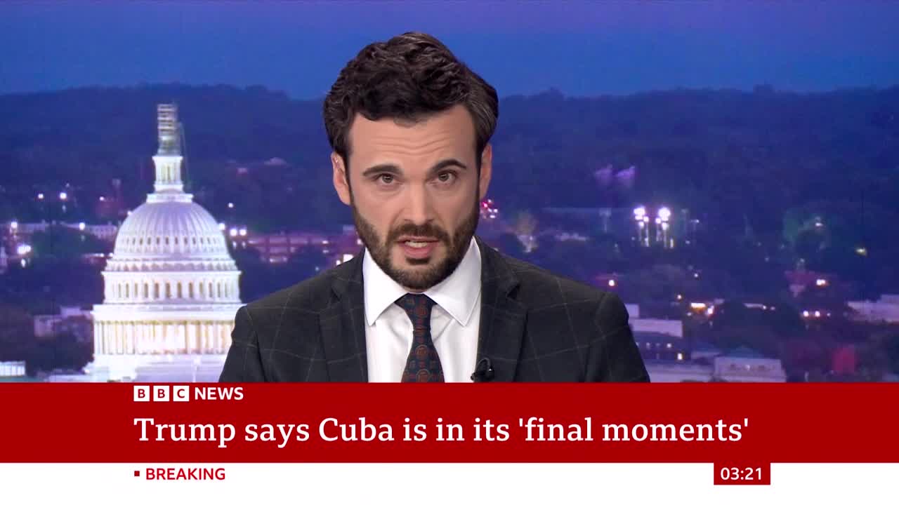A BBC News anchor reports from Washington D.C. with the Capitol building behind him. The chyron reads "Trump says Cuba is in its 'final moments'." A BBC News anchor reports from Washington D.C. with the Capitol building behind him. The chyron reads "Trump says Cuba is in its 'final moments'."