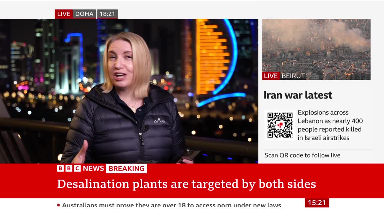 A BBC reporter stands in front of a glittering city skyline as breaking news scrolls across the bottom of the screen. A separate live feed shows smoke rising from buildings in Beirut. A BBC reporter stands in front of a glittering city skyline as breaking news scrolls across the bottom of the screen. A separate live feed shows smoke rising from buildings in Beirut.
