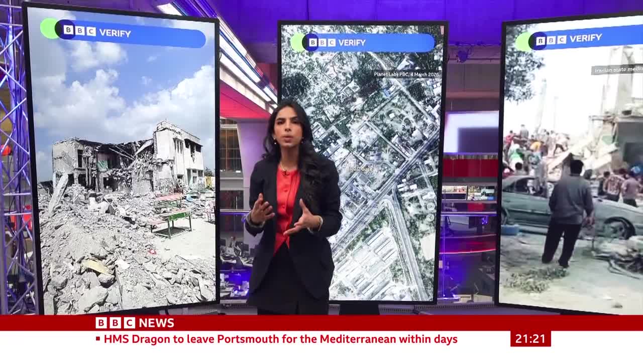 A woman stands in front of three large screens displaying images of destruction and an aerial view. The BBC News ticker at the bottom reports HMS Dragon's upcoming departure from Portsmouth. A woman stands in front of three large screens displaying images of destruction and an aerial view. The BBC News ticker at the bottom reports HMS Dragon's upcoming departure from Portsmouth.