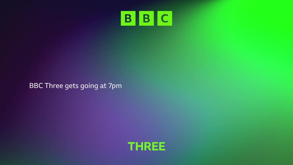 The BBC logo appears in green squares at the top. A message announces that BBC Three starts at 7pm, with the word "THREE" also lit up in green at the bottom. The BBC logo appears in green squares at the top. A message announces that BBC Three starts at 7pm, with the word "THREE" also lit up in green at the bottom.