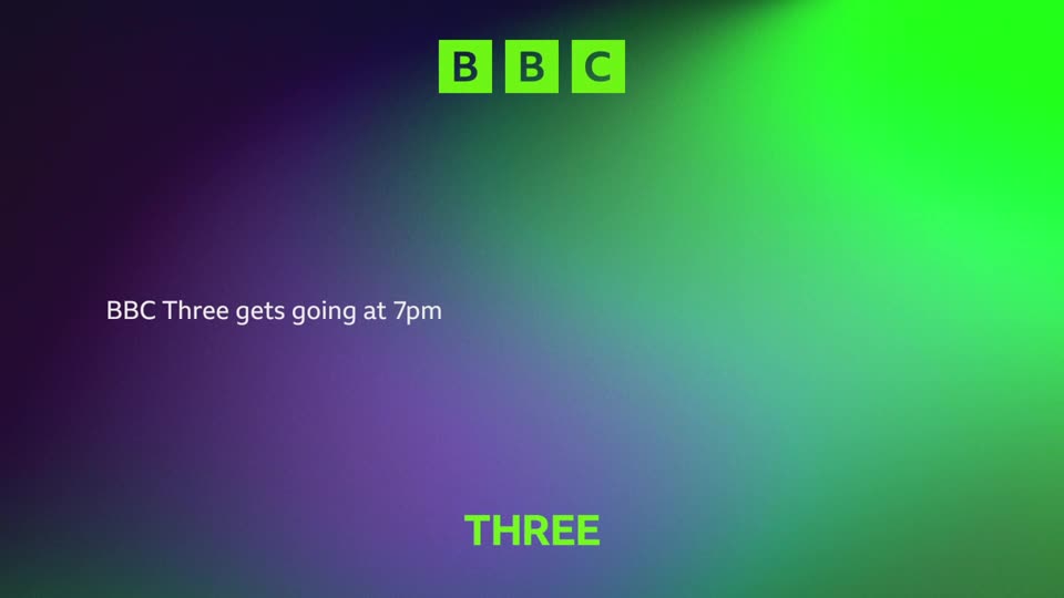The BBC logo appears in bright green squares at the top. A message states "BBC Three gets going at 7pm" against a purple and green gradient. The BBC logo appears in bright green squares at the top. A message states "BBC Three gets going at 7pm" against a purple and green gradient.
