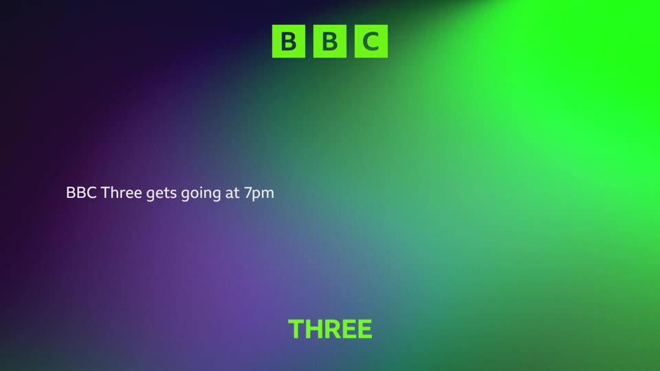 The BBC logo appears in bright green squares at the top of the screen.  A message states "BBC Three gets going at 7pm" against a purple and green gradient.