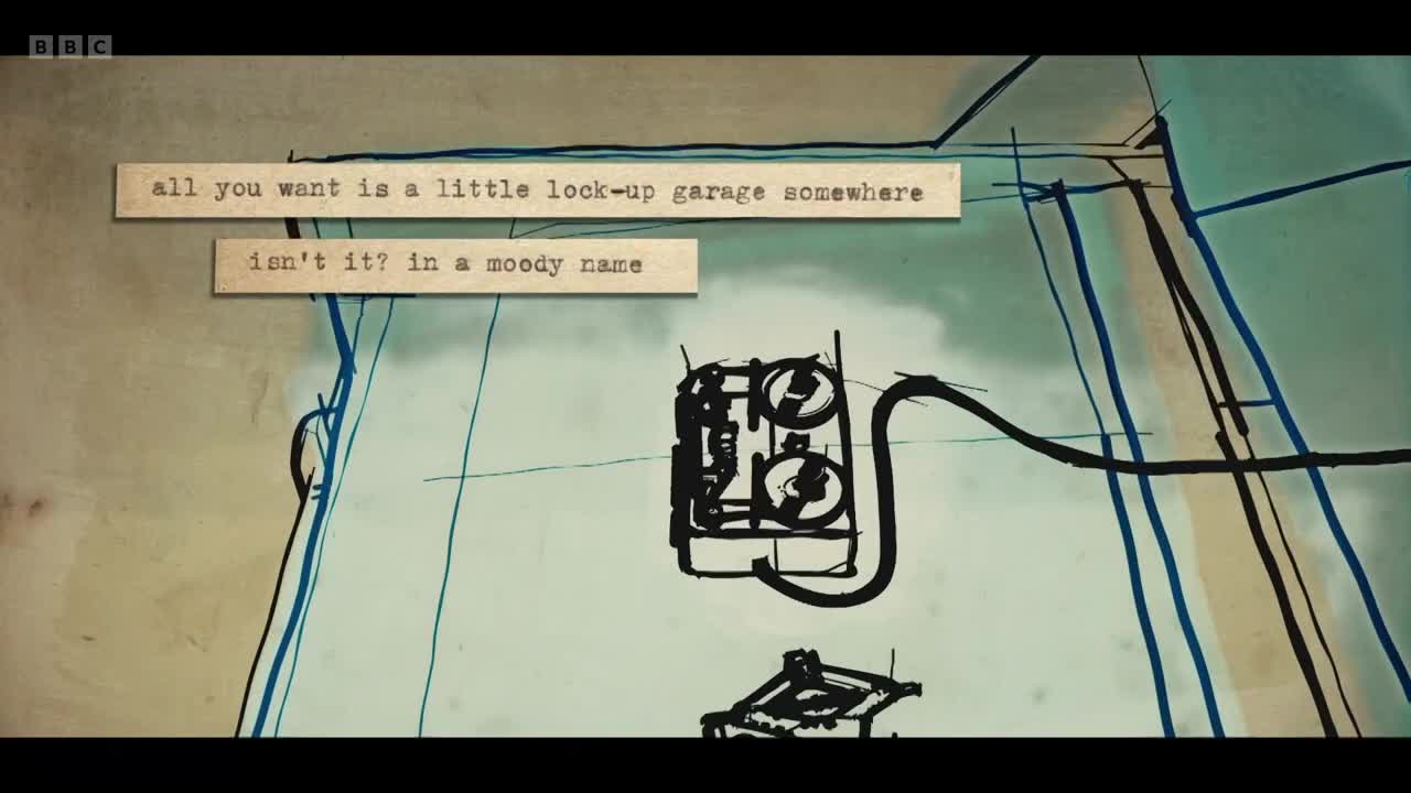 A BBC Two graphic displays text that reads, "all you want is a little lock-up garage somewhere, isn't it? in a moody name." A sketch of a reel-to-reel tape recorder sits below the text.