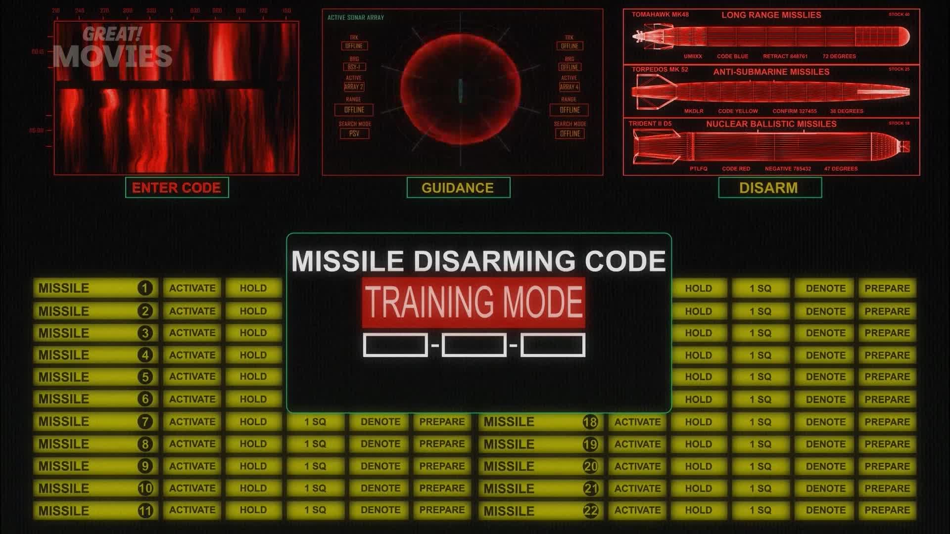 This console is displaying a missile disarming code in training mode. On the right, diagrams show different types of missiles, ready for selection.