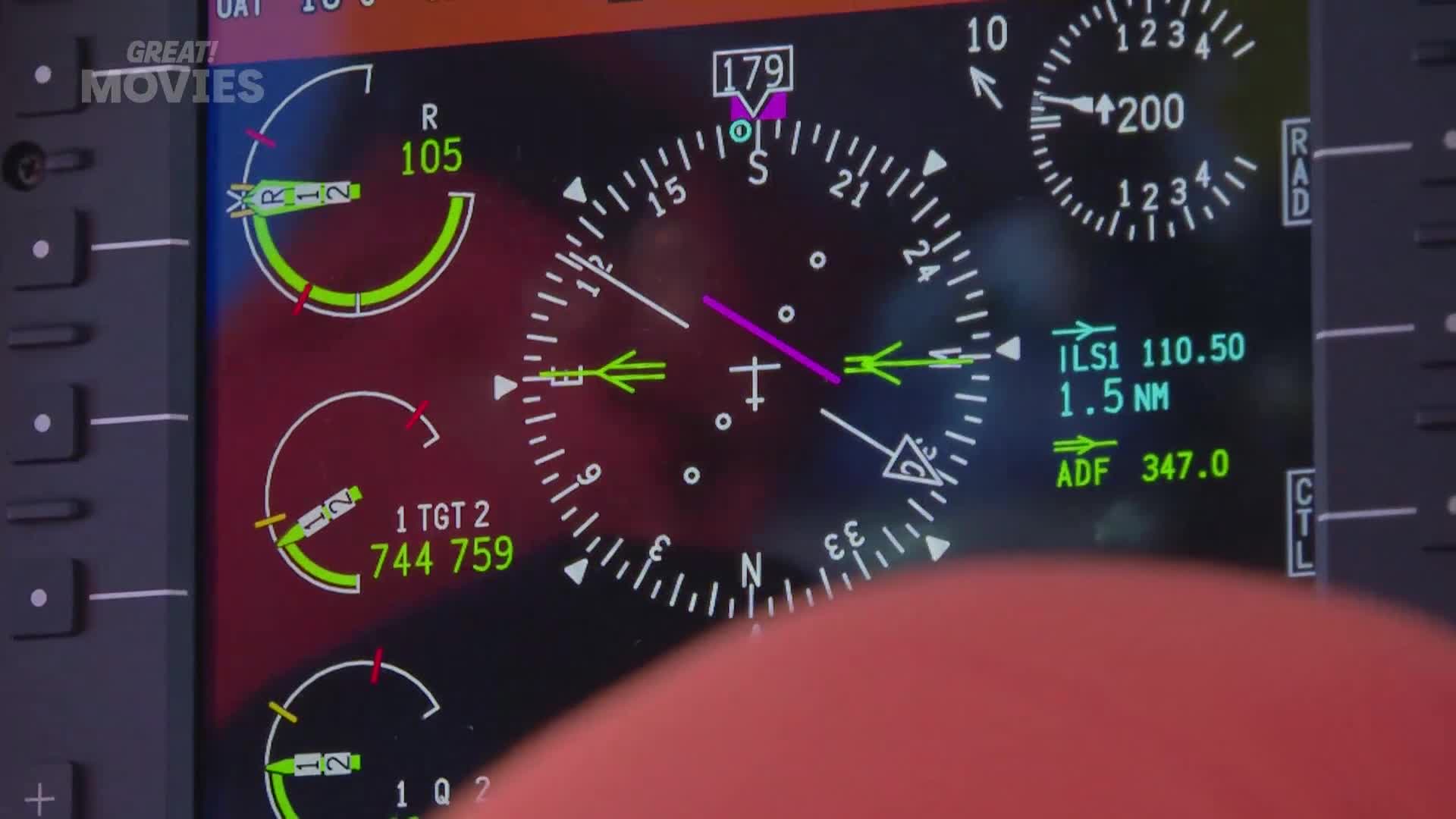 The aircraft is on final approach, with the ILS showing 1.5 nautical miles to touchdown. The heading indicator shows a slight drift to the left.