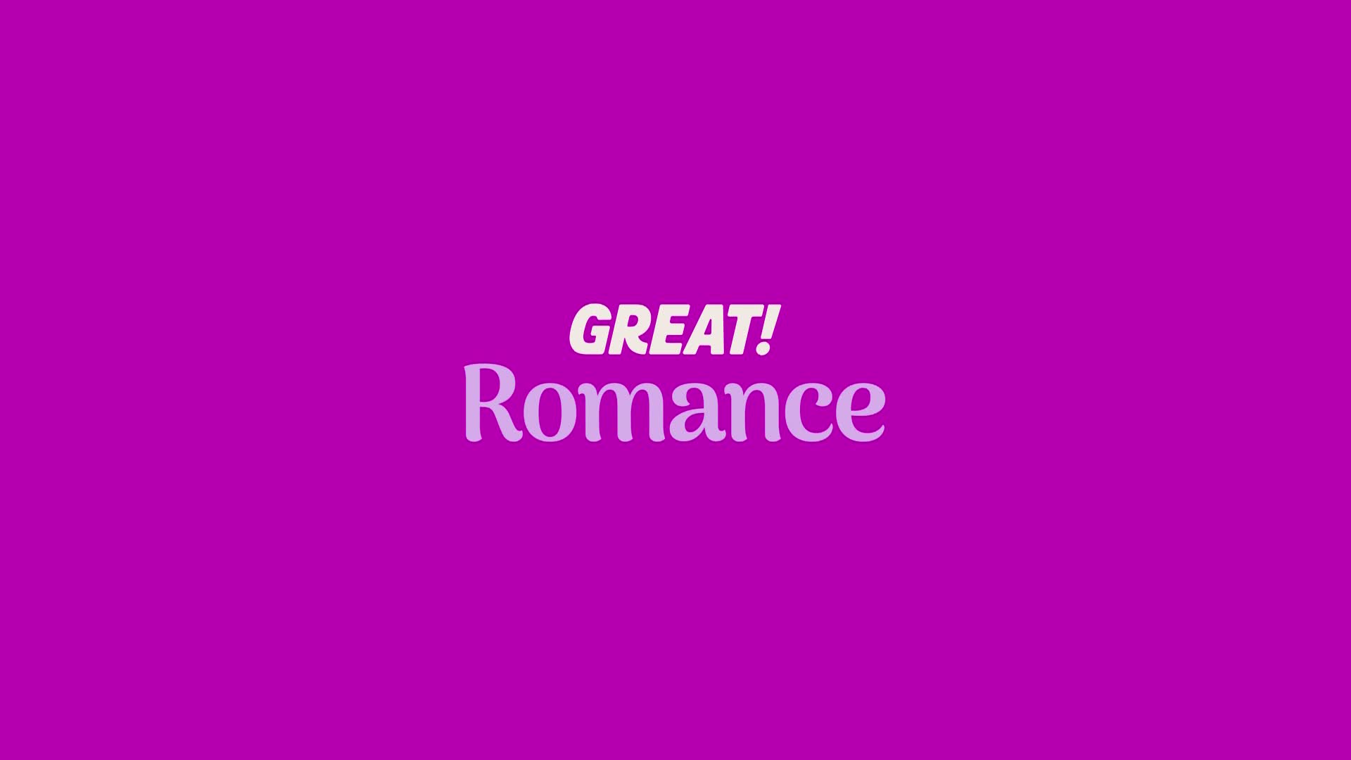 A bold, white "GREAT!" sits above a flowing, lavender "Romance" against a vibrant purple background. The words are centered and clearly legible.