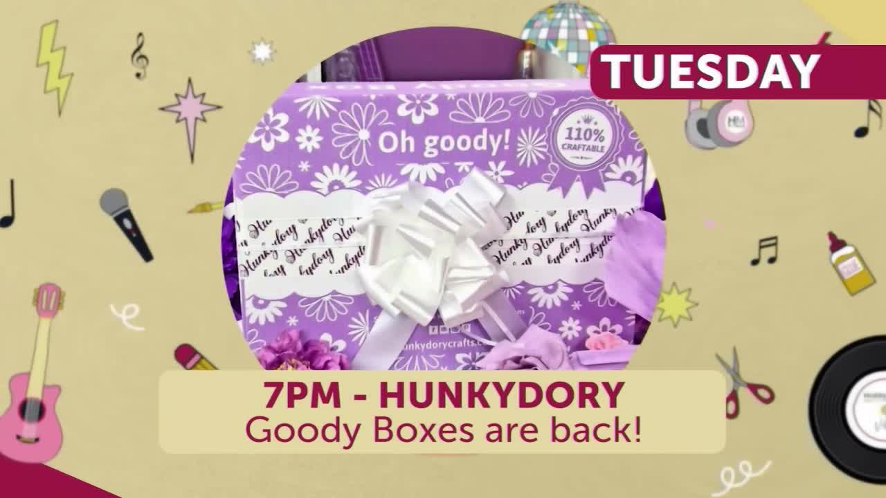 A purple gift box, decorated with flowers and the words "Oh goody!", sits centre stage. The text below announces that HunkyDory Goody Boxes are back at 7 PM. A purple gift box, decorated with flowers and the words "Oh goody!", sits centre stage. The text below announces that HunkyDory Goody Boxes are back at 7 PM.