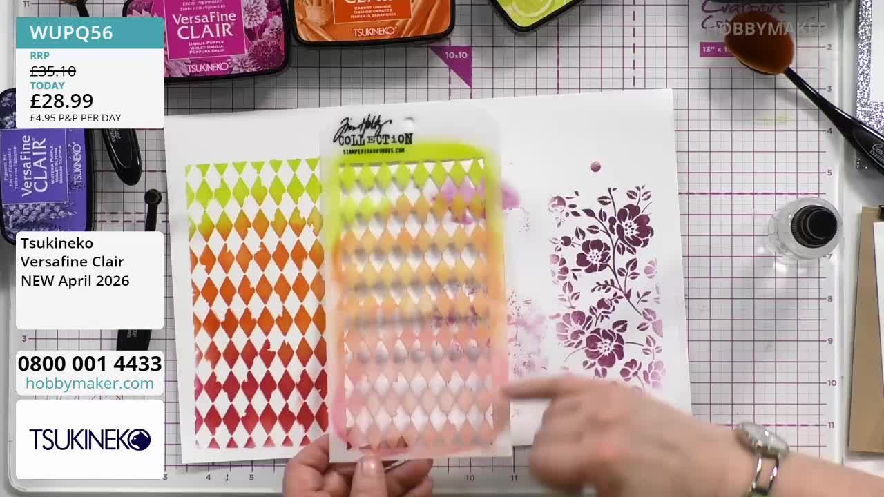 A hand points to a stencil with a diamond pattern, showing a gradient of yellow to pink ink. Beside it, a finished card displays the same diamond pattern in orange and red. To the right, a floral design is stenciled in a deep purple.