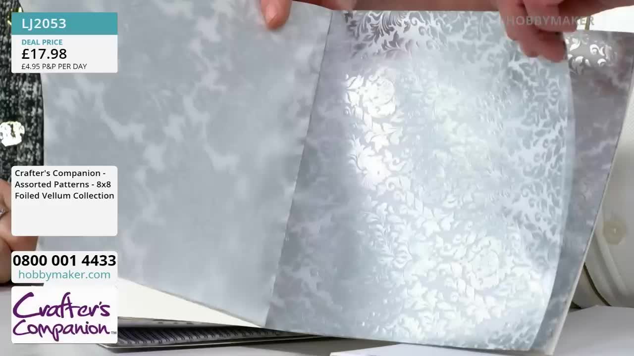 Fingers turn the pages of a vellum collection, revealing intricate silver patterns. The Crafter's Companion sheets shimmer under the lights.