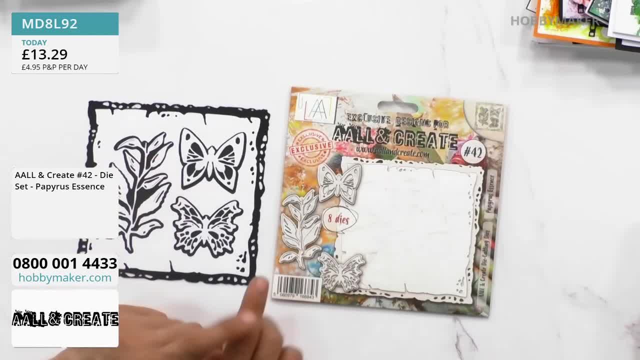 A hand points to a die-cut set featuring butterflies and foliage, displayed next to its packaging. The packaging for the AALL & Create die set shows the same designs.