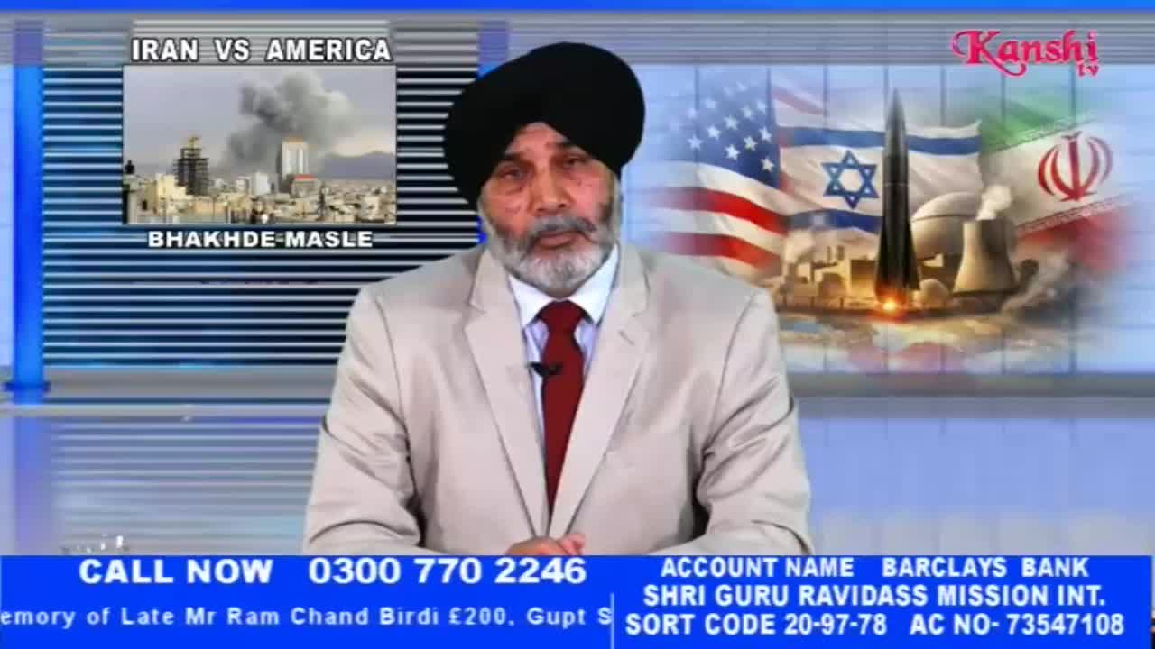 A man in a suit and turban speaks directly to the camera, with graphics of flags and a missile launch behind him. The Kanshi TV logo is visible in the corner.