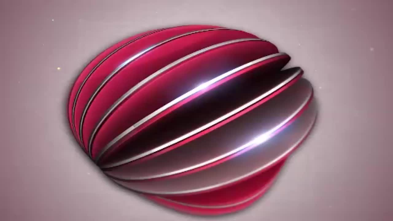 A metallic, segmented sphere, striped in pink and silver, rotates slowly. It's like the logo for a UK broadcast, perhaps Kanshi TV, with a subtle shimmer.