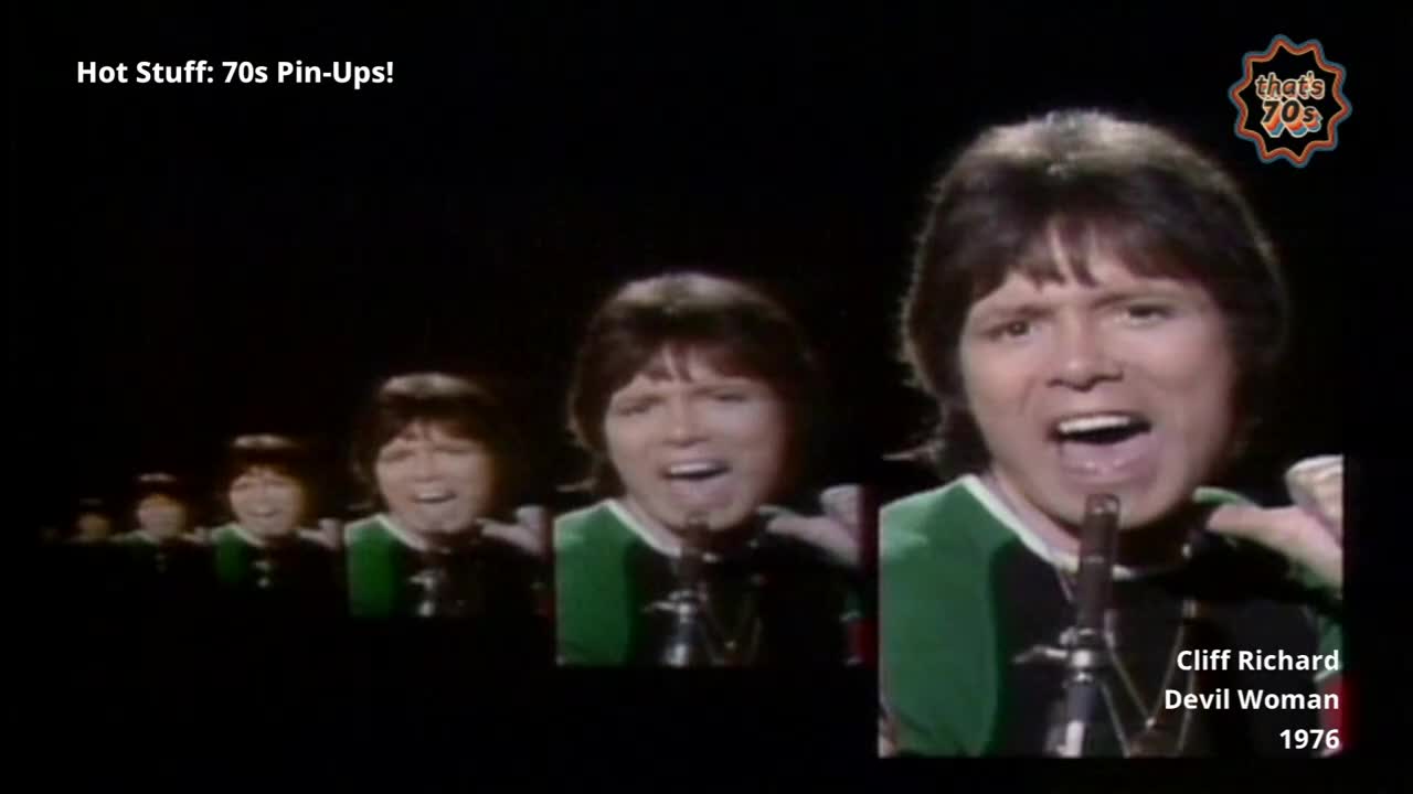 Cliff Richard is singing into a microphone, his mouth wide open. Behind him, his image repeats in a line, each one a little smaller and further away.