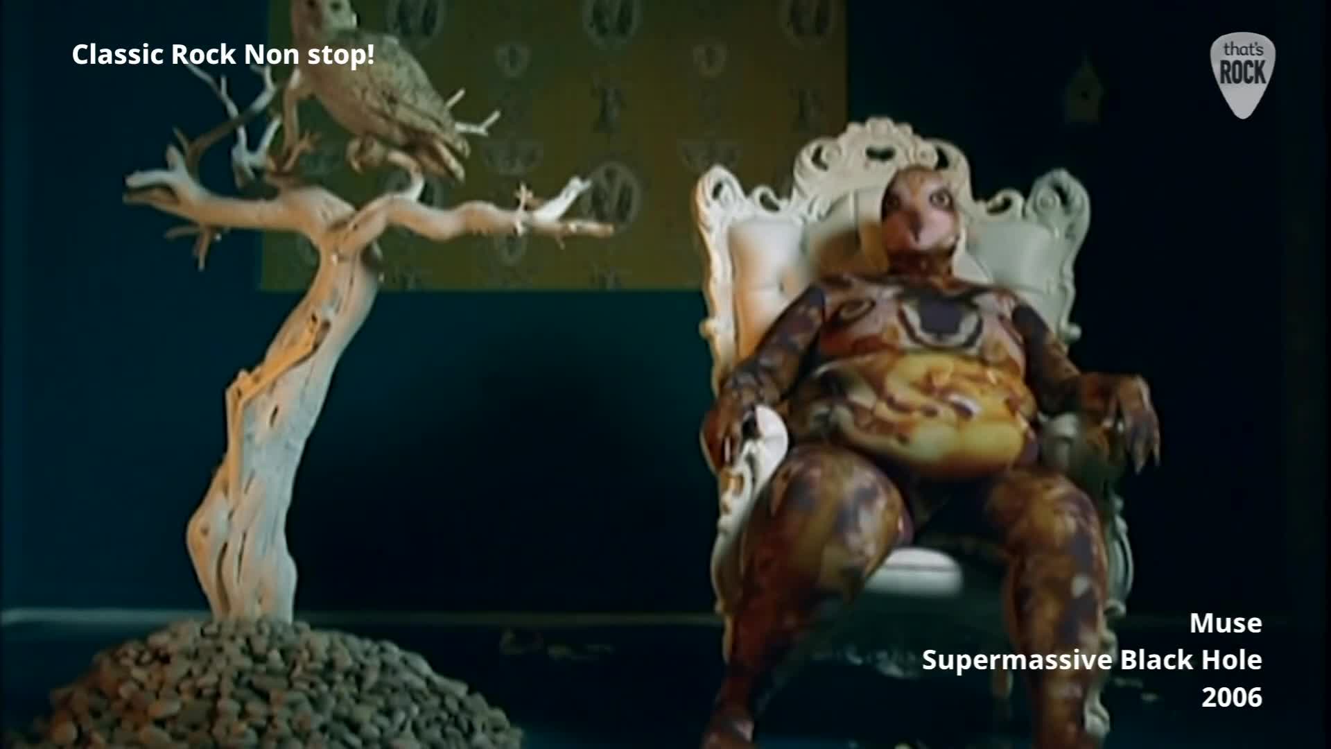 An owl perches on a bare, twisted tree. Beside it, a figure in a grotesque costume sits slumped in an ornate chair.