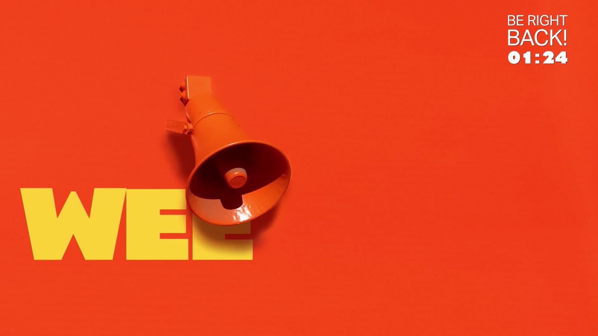 A bright orange megaphone sits on a vibrant red background. Large yellow letters spell out "WE" to the left of the megaphone.