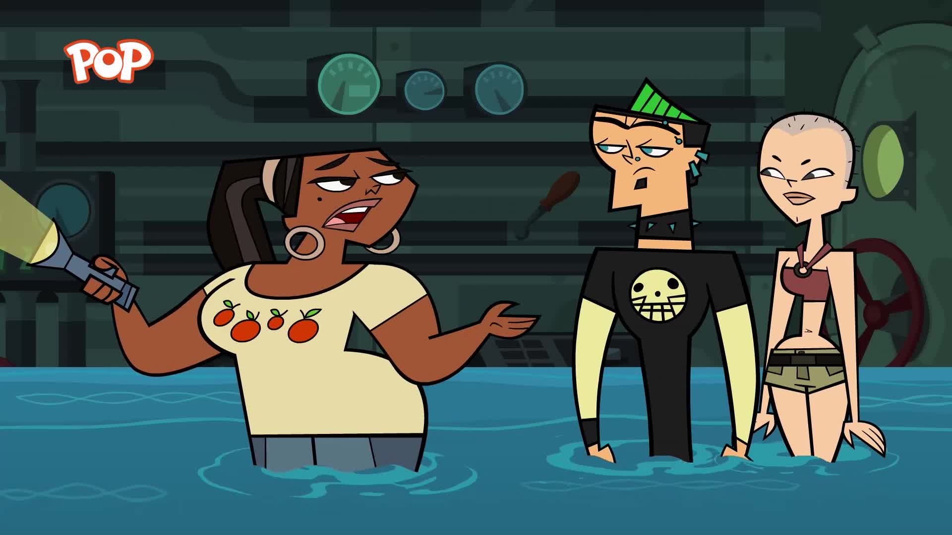 A woman holding a flashlight looks exasperated as she stands in murky water with two other people. The Pop logo is visible in the top left corner.