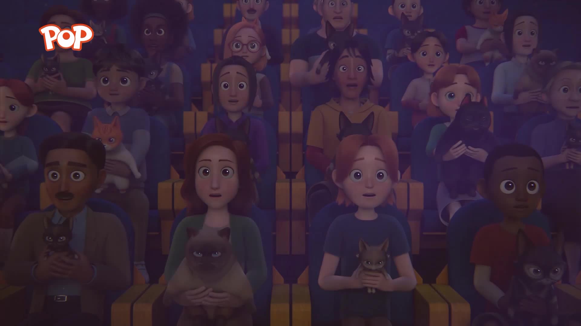 A crowd of people, some holding cats, are seated in rows of yellow chairs, all looking upwards with wide, surprised eyes. The POP logo is visible in the top left corner.