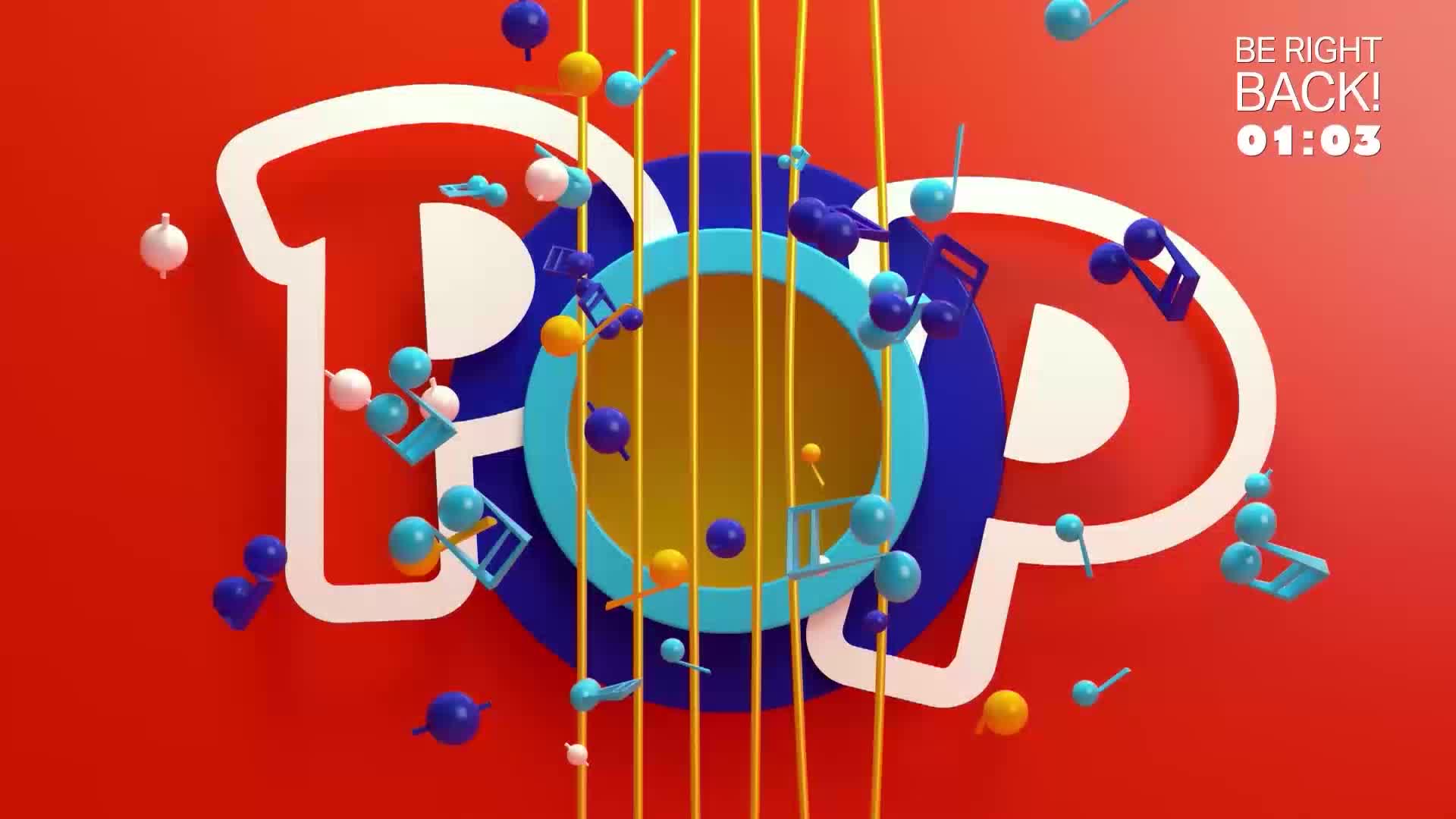 The word "POP" is outlined in white against a vibrant red background. Yellow strings stretch across the scene, adorned with floating blue and yellow musical notes and colourful spheres. A timer in the top right corner counts down "01:03."