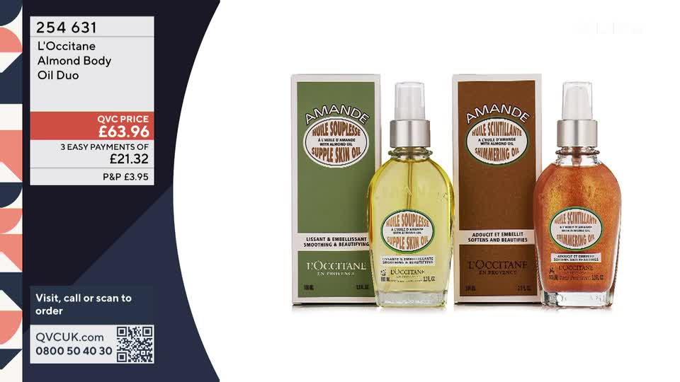 Two bottles of L'Occitane almond oil stand beside their boxes. One bottle contains a clear yellow liquid, while the other holds a shimmering golden-bronze oil.