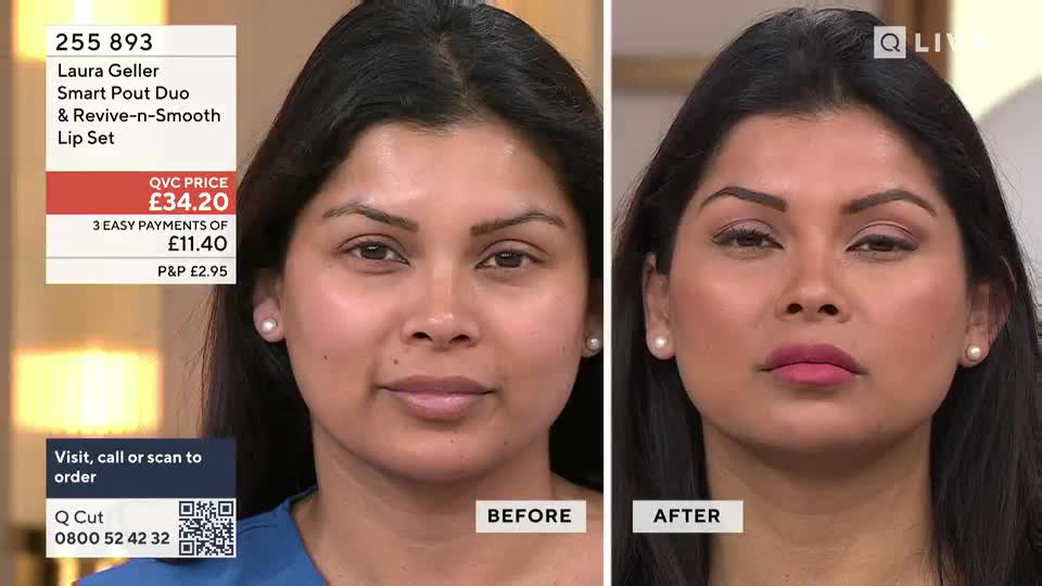 The woman on the left is barefaced, while the woman on the right sports a full face of makeup, including vibrant pink lipstick. A graphic displays the QVC price for a Laura Geller lip set.