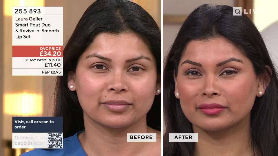 The woman's face on the left is bare, while the right side shows her with a full face of makeup, including defined eyebrows and vibrant pink lips. A graphic displays the QVC price of £34.20 for the Laura Geller Smart Pout Duo & Revive-n-Smooth Lip Set.
