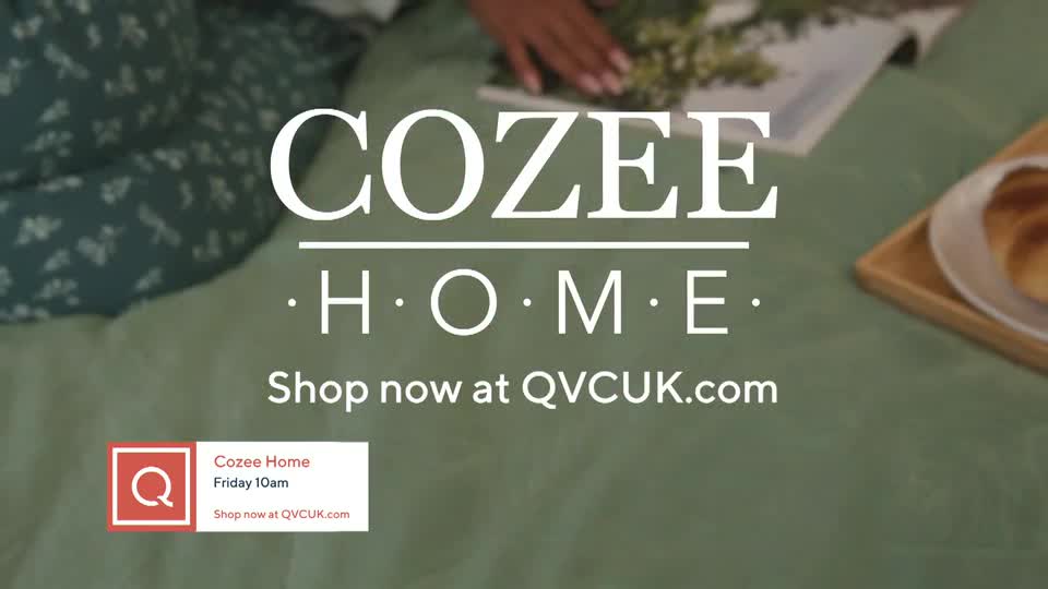 A woman's hands rest on a magazine as the "COZEE HOME" logo appears. A small graphic announces "Cozee Home Friday 10am" with the QVC UK website.