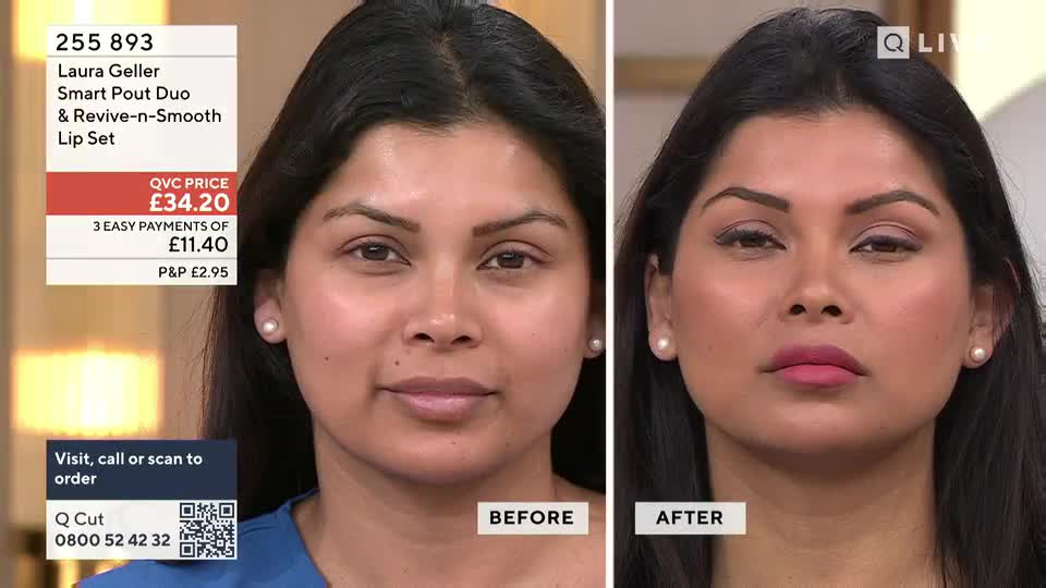 The woman's lips are now a vibrant pink, and her eyes are defined with subtle shadow. Her complexion appears smoother and more even, a clear transformation from the "before" shot.