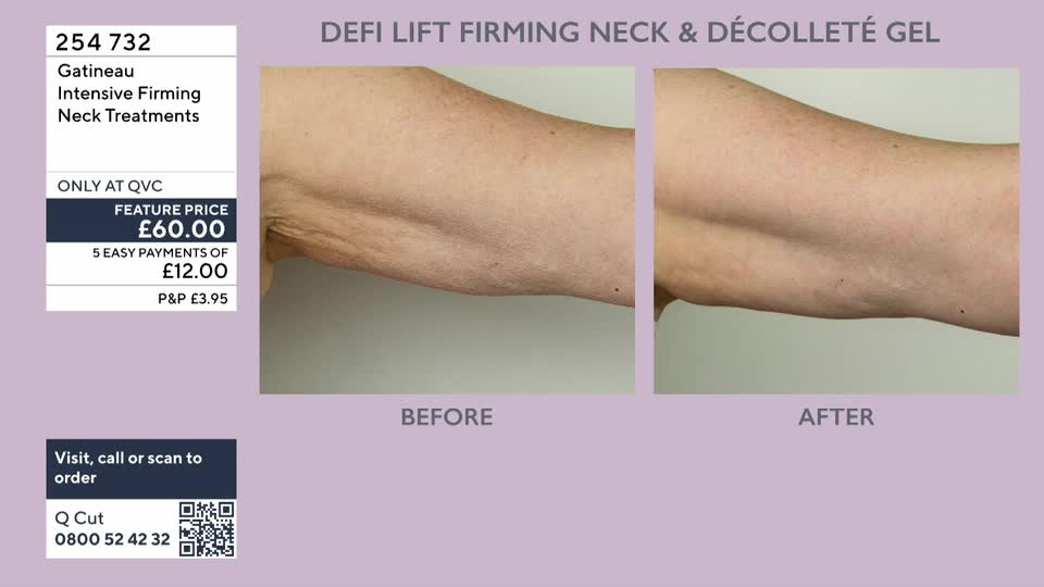 The "before" image shows a neck with noticeable wrinkles, while the "after" image displays a smoother, firmer neck. Gatineau's Defi Lift Firming Neck & Décolleté Gel is presented as the product responsible for this transformation, available exclusively on QVC.