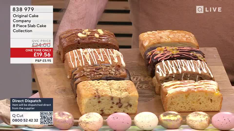 A selection of eight different slab cakes, each with its own unique topping, are neatly arranged on a wooden board. The QVC Extra price for this collection is £19.56, with postage and packing an additional £5.95. A selection of eight different slab cakes, each with its own unique topping, are neatly arranged on a wooden board. The QVC Extra price for this collection is £19.56, with postage and packing an additional £5.95.