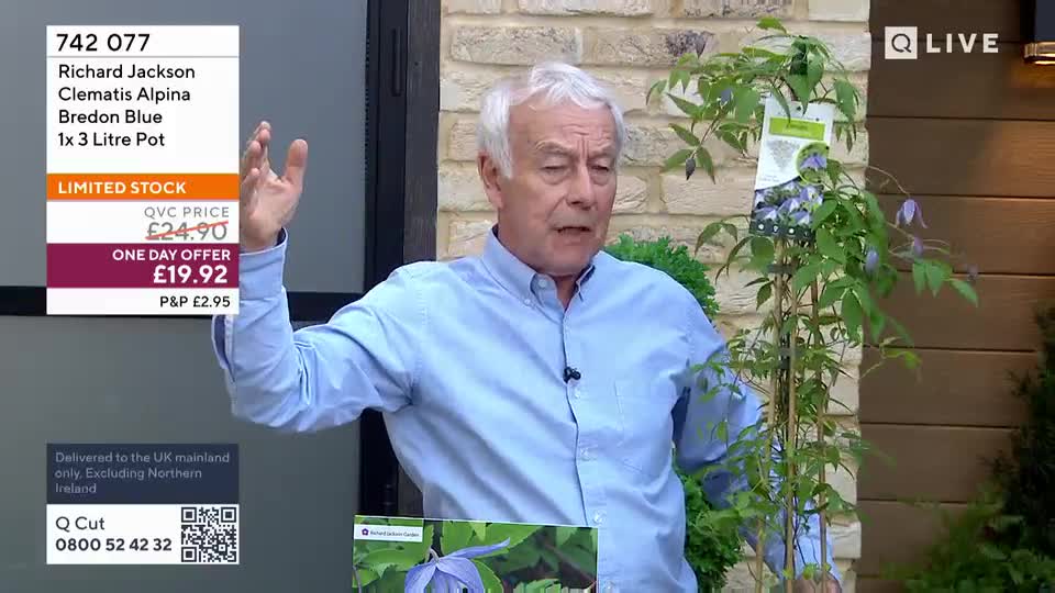 A man in a blue shirt gestures with his left hand while holding a tall plant with delicate purple flowers. A graphic overlay on the left displays product details and pricing for a "Clematis Alpina Bredon Blue."