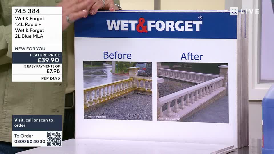 A presenter holds up a large display board showing a "before" and "after" of a stone balustrade. The "before" picture shows the stone covered in green algae, while the "after" picture reveals it clean and bright.
