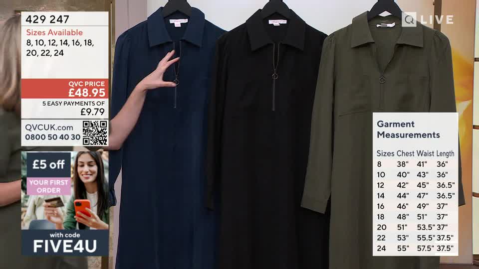 A hand gestures towards the zip on a navy dress hanging on a rail. Beside it, a black dress and a khaki dress are also displayed, with garment measurements shown on a card.