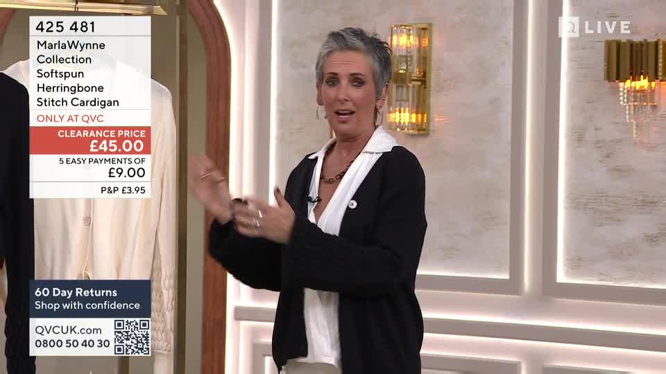 A woman in a black cardigan gestures animatedly while a cream-coloured cardigan hangs on display. The screen shows the price of the cardigan as £45.00, with an option for five easy payments of £9.00.