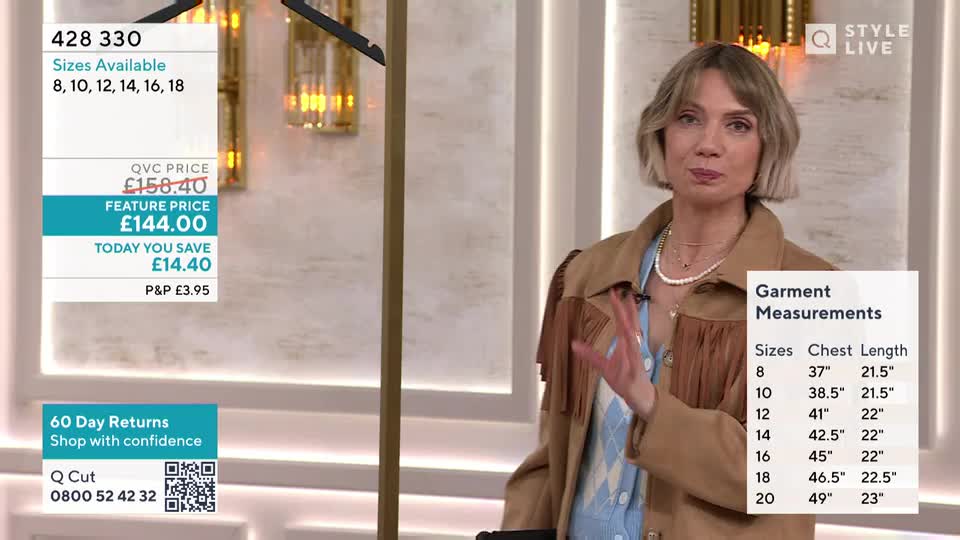 A woman with blonde hair gestures with her hands while a graphic displays garment measurements. The screen also shows a product code and pricing information.