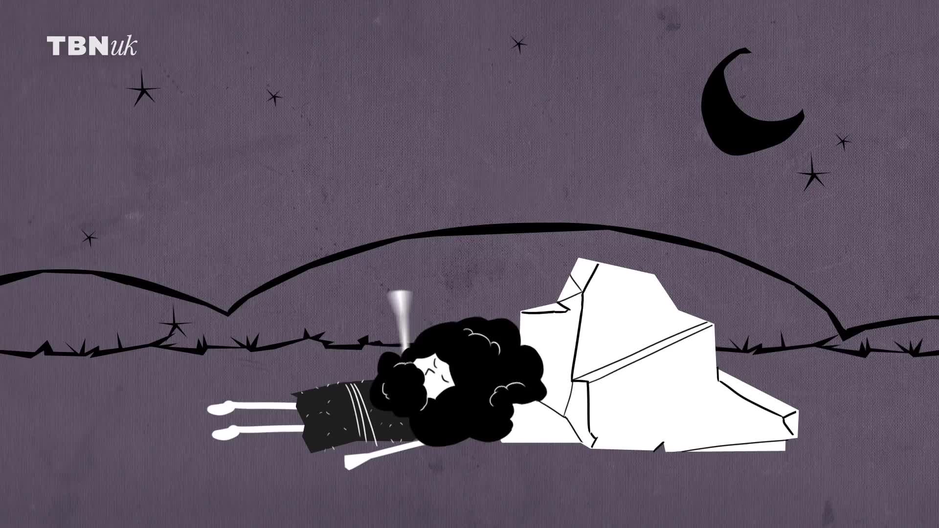 A woman lies on her side, her dark hair a thick mass against the ground. A white, angular shape looms over her.