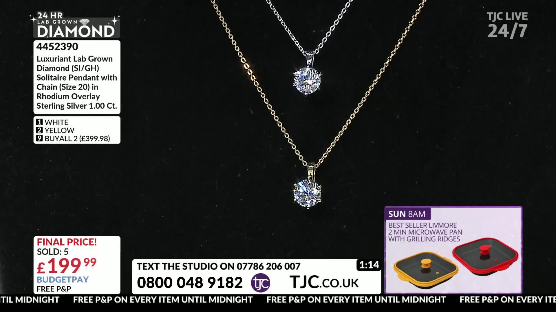 Two diamond pendants hang on delicate chains against a black background. A price of £199.99 is displayed, with the words "Budgetpay" and "Free P&P" below it.