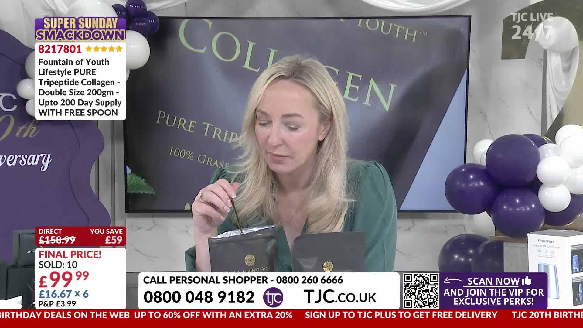 A TJC presenter holds a small, silver-wrapped item with a thin tool, looking down at it. Beside her, purple and white balloons cluster around a display screen showing "Collagen."