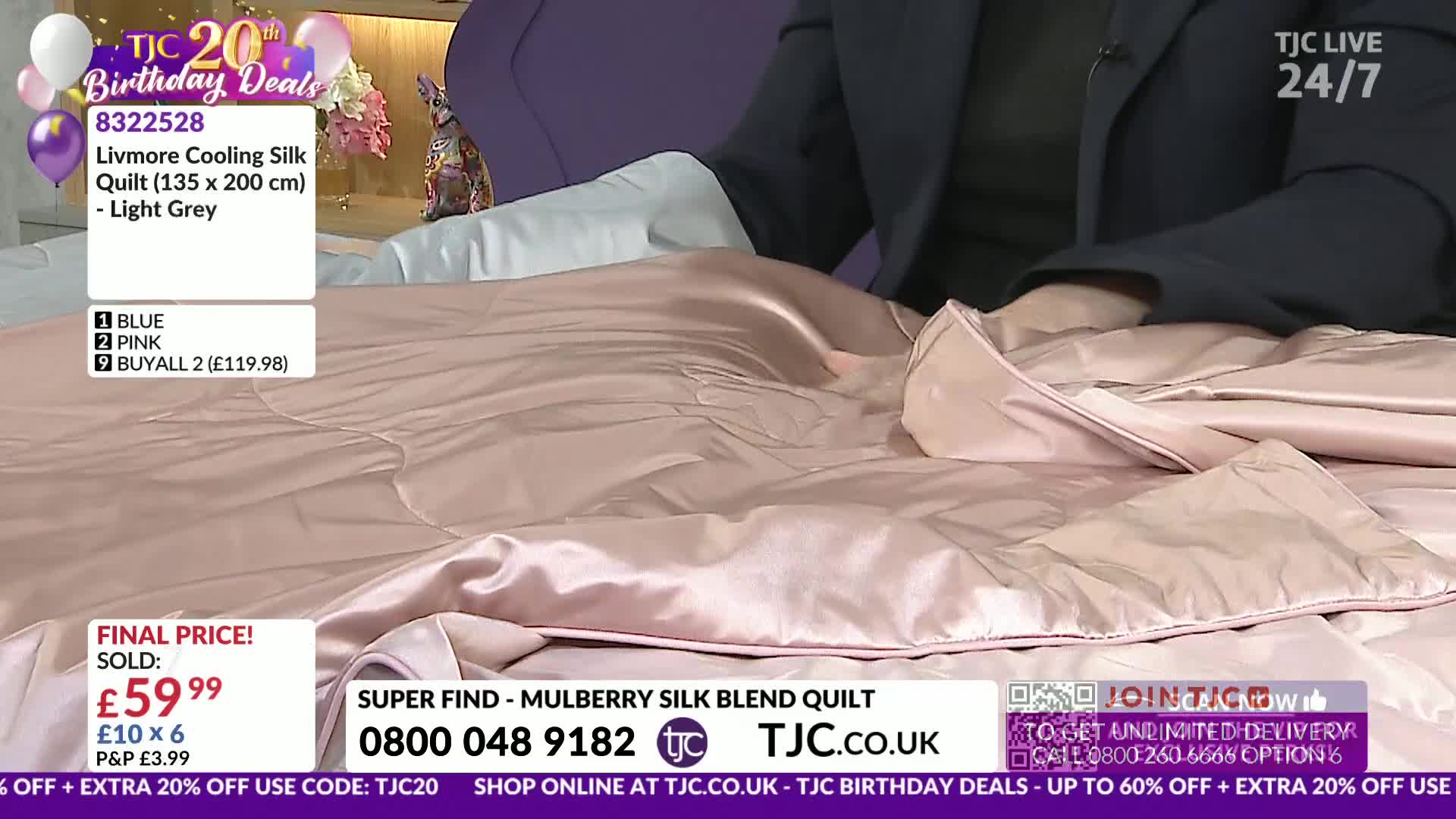 A hand smooths the pale pink fabric of a large duvet. The TJC logo is visible in the corner, promoting a birthday deal.