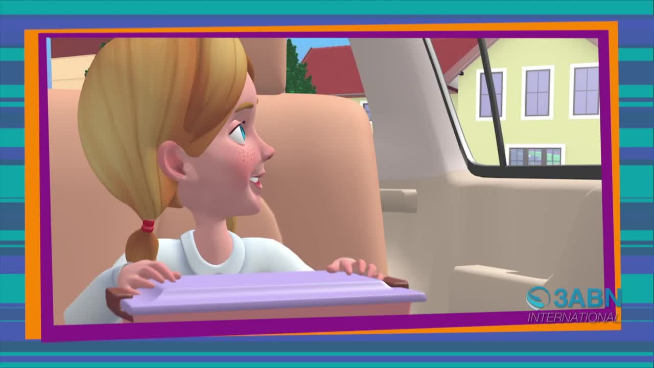 A young girl with blonde pigtails is smiling, looking out the car window. She's holding a purple lunchbox in her lap, presumably on her way somewhere, as seen on 3ABN International.

