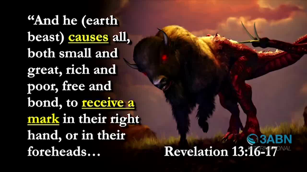 A bison-like creature with glowing red eyes stands next to a red, reptilian form, both seemingly merged. The image, from 3ABN International, illustrates a passage from Revelation.
